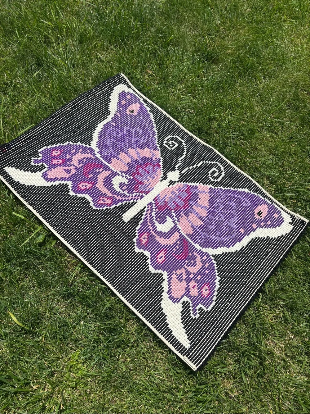 Vintage handmade purple butterfly latchook Purple & Pink Butterfly Accent Rug